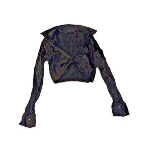 Satin Black Crop Top Long Sleeve Women’s XS Gothic Rhinestone Cuffs Side Zipper